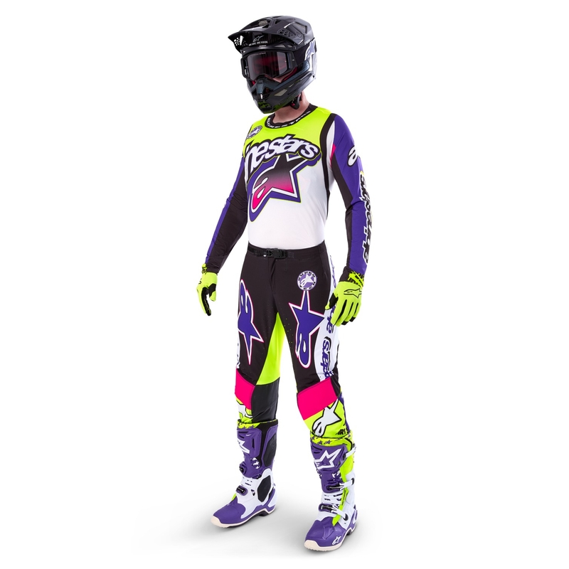 Alpinestars Supertech Dirt Studios limitált kiadású motokrossz nadrág fehér-lila-rózsaszín-fluo sárga