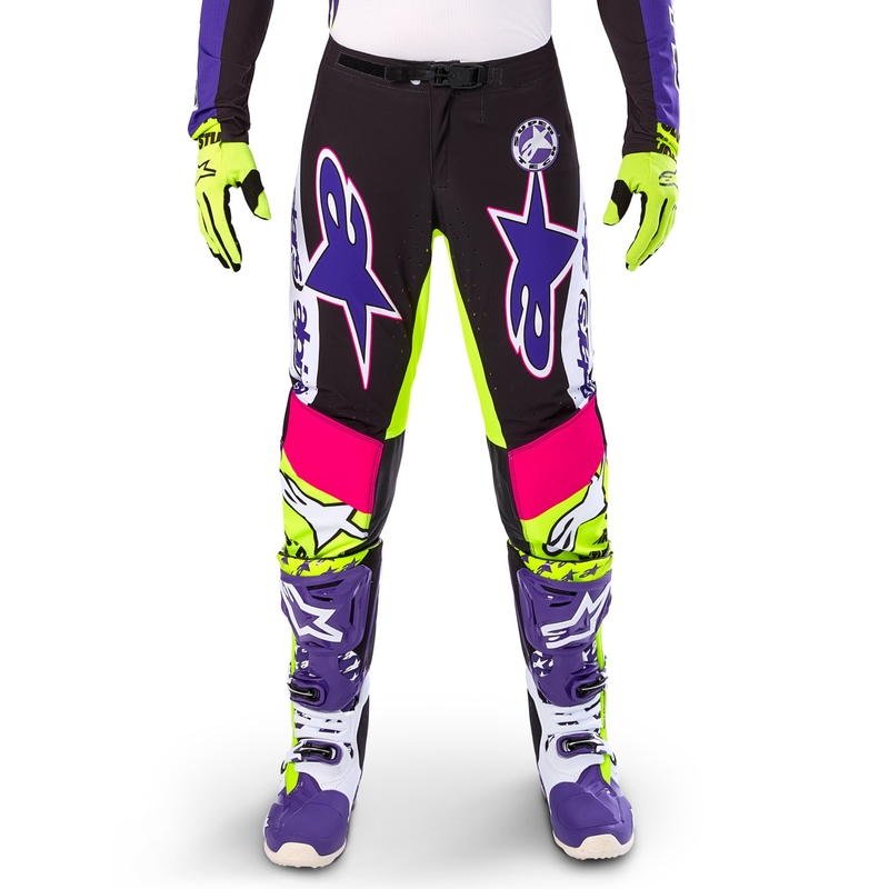 Alpinestars Supertech Dirt Studios limitált kiadású motokrossz nadrág fehér-lila-rózsaszín-fluo sárga