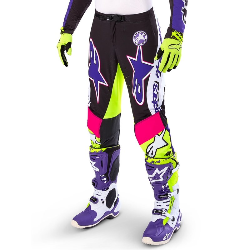 Alpinestars Supertech Dirt Studios limitált kiadású motokrossz nadrág fehér-lila-rózsaszín-fluo sárga