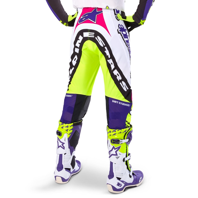 Alpinestars Supertech Dirt Studios limitált kiadású motokrossz nadrág fehér-lila-rózsaszín-fluo sárga
