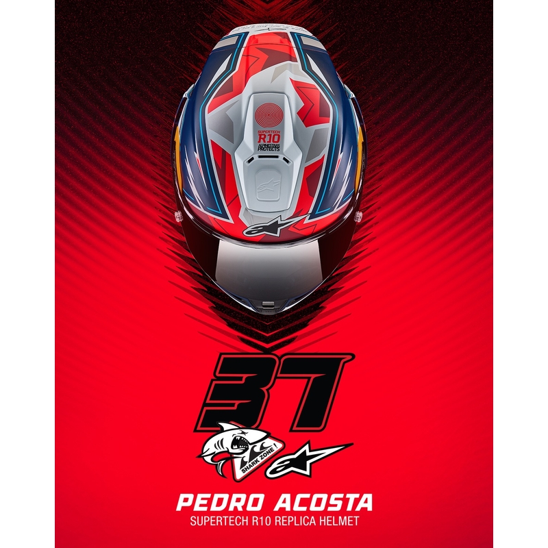 Alpinestars Supertech R-10 limitált edíció Pedro Acosta zárt motoros bukósisak matt kék-piros-fehér