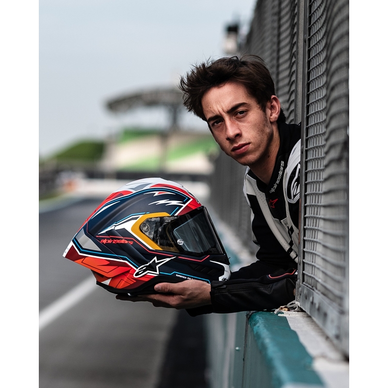Alpinestars Supertech R-10 limitált edíció Pedro Acosta zárt motoros bukósisak matt kék-piros-fehér