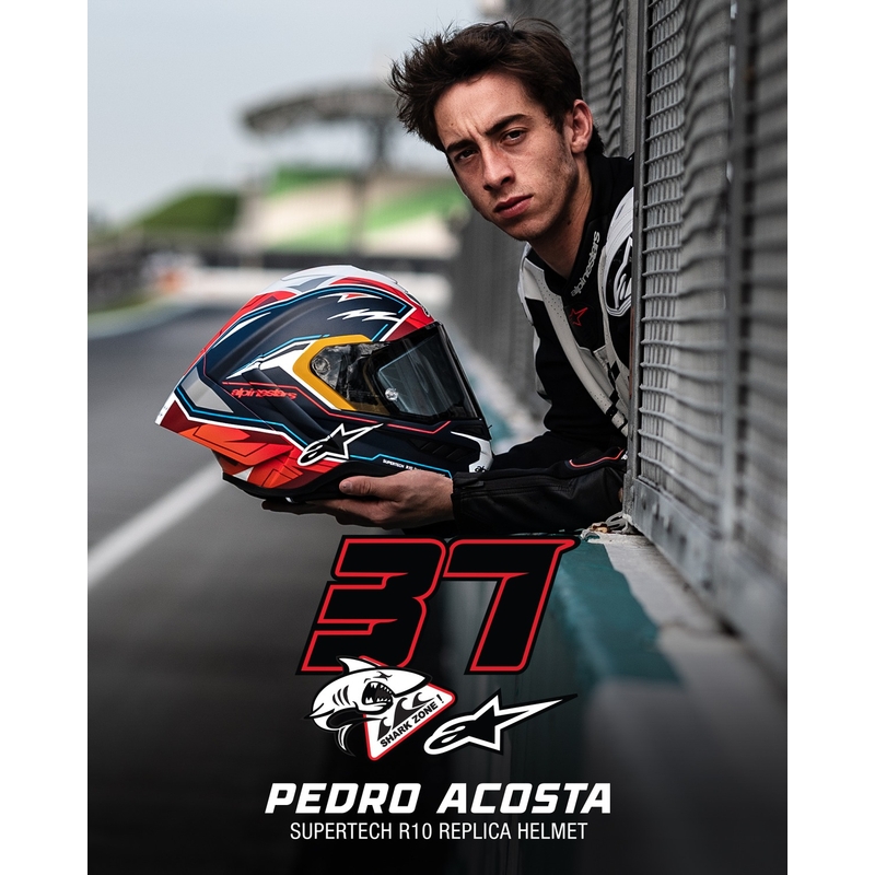 Alpinestars Supertech R-10 limitált edíció Pedro Acosta zárt motoros bukósisak matt kék-piros-fehér