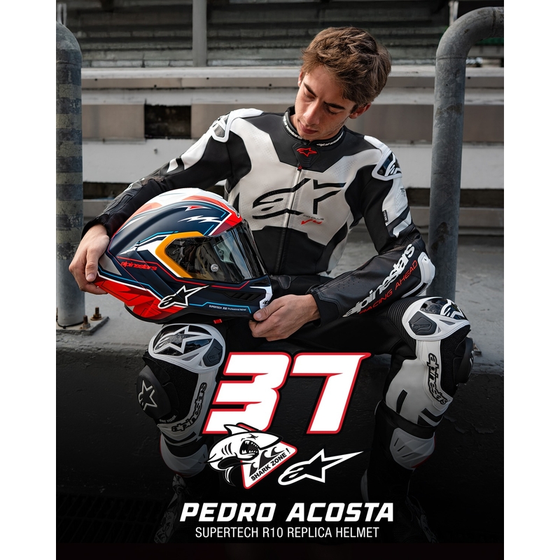Alpinestars Supertech R-10 limitált edíció Pedro Acosta zárt motoros bukósisak matt kék-piros-fehér