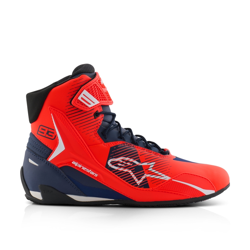 Alpinestars Faster-4 kollekció MM93 motoros cipő fluo piros-kék-fehér