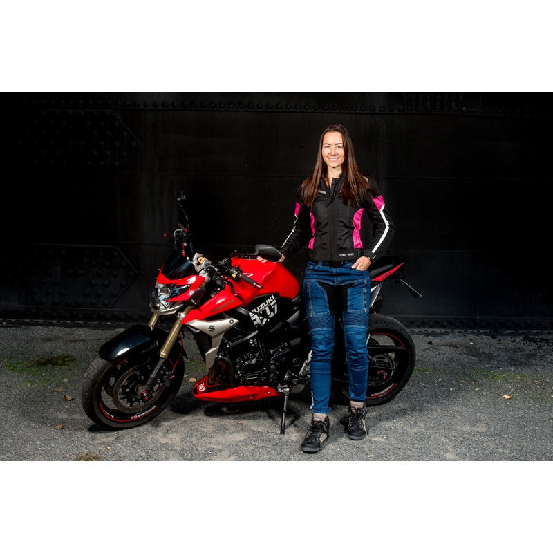 Női motoros kabát Street Racer Betty fekete-fehér-rózsaszín kiárusítás