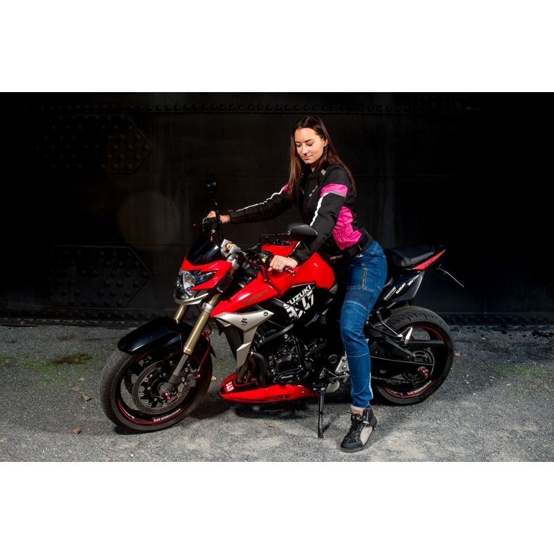 Női motoros kabát Street Racer Betty fekete-fehér-rózsaszín kiárusítás