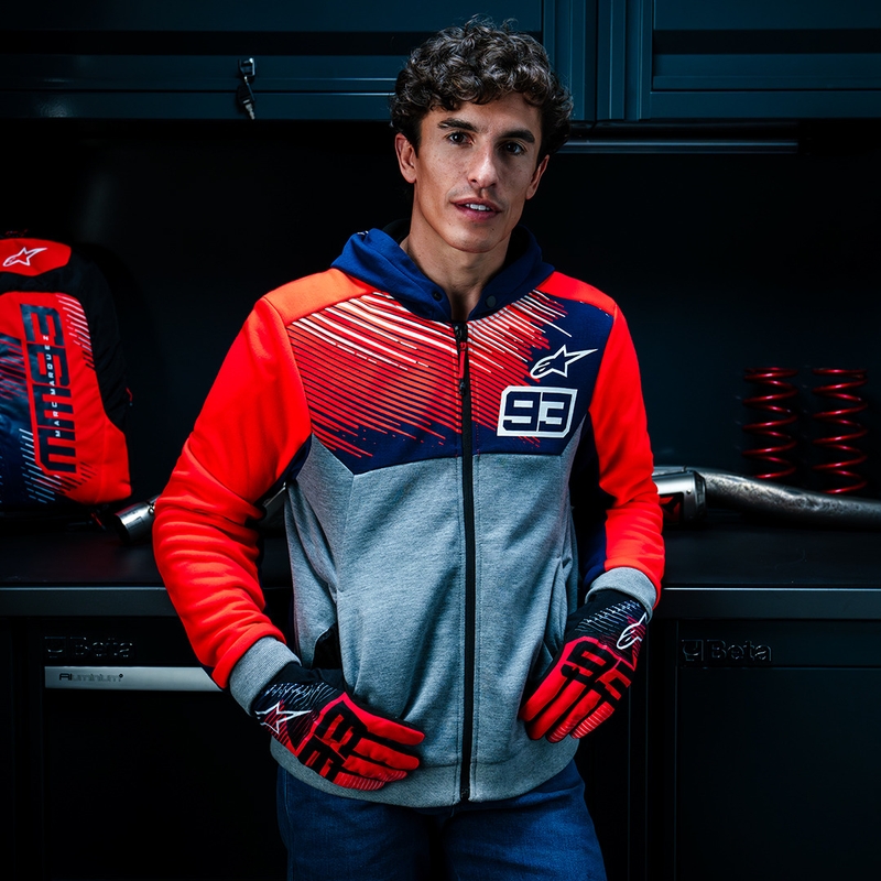 Alpinestars Chrome V2 Sport Hoodie MM93 kollekció motoros pulóver világosszürke-kék-fluo piros