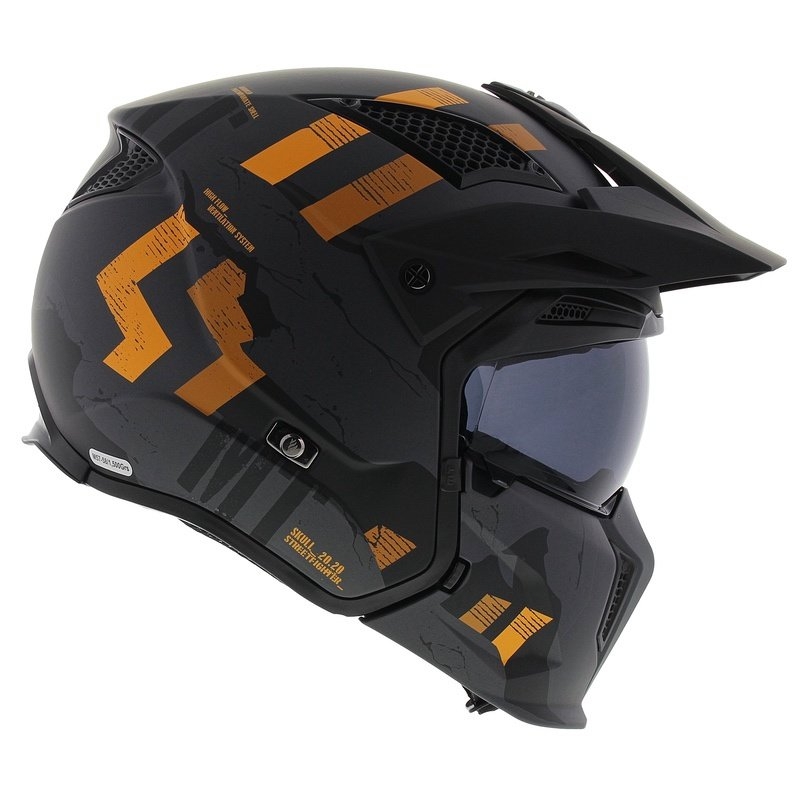 MT Streetfighter SV S Skull A12 nyitott motoros bukósisak állvédővel szürke-narancssárga irídium napellenzővel