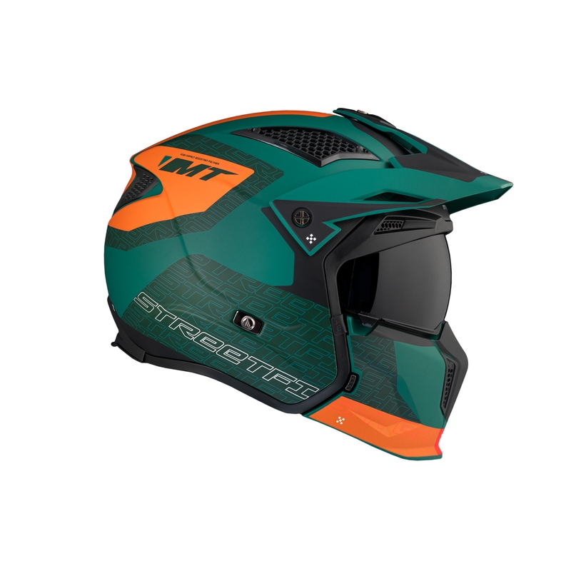 Nyitott sisak maszkkal MT Streetfighter SV Totem C6 fekete-narancs-zöld iridium plexivel