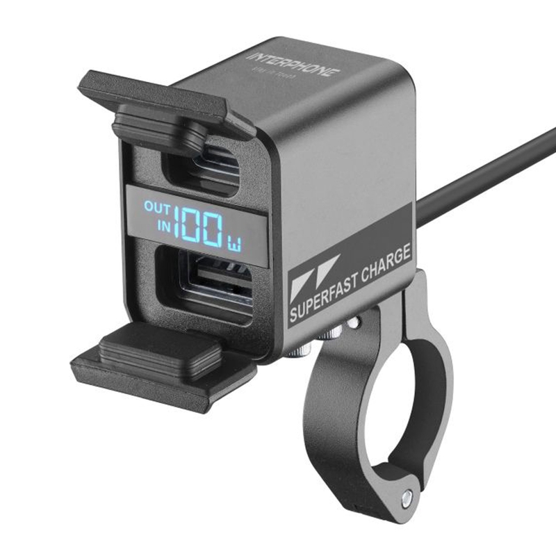 Interphone USB-C, USB-A töltő motoros akkumulátortöltővel fekete