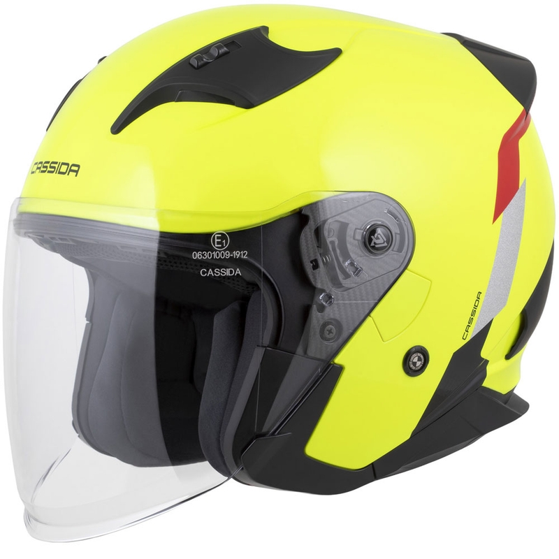 Cassida Reflex 2.0 Safety nyitott motoros bukósisak fluo sárga-piros-szürke-fényvisszaverő ezüst
