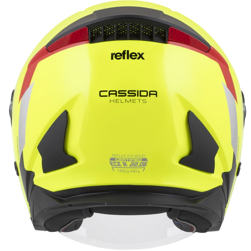 Cassida Reflex 2.0 Safety nyitott motoros bukósisak fluo sárga-piros-szürke-fényvisszaverő ezüst