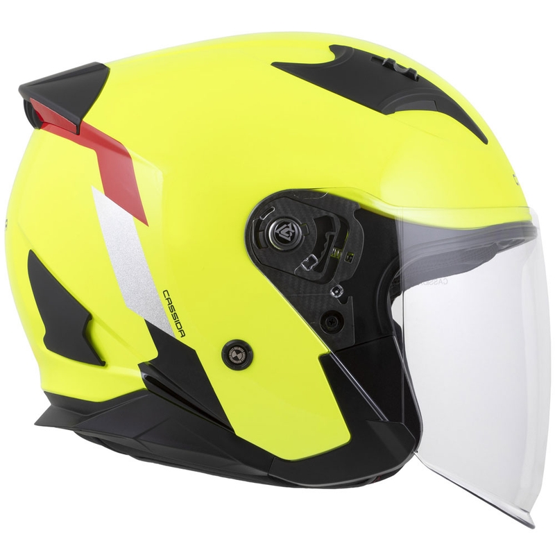 Cassida Reflex 2.0 Safety nyitott motoros bukósisak fluo sárga-piros-szürke-fényvisszaverő ezüst