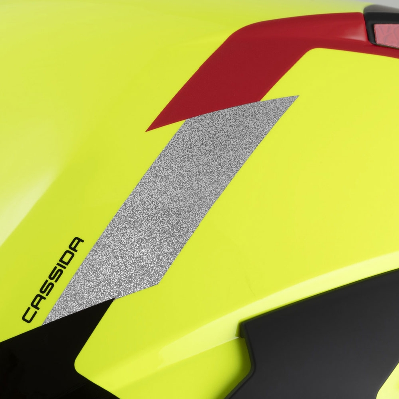 Cassida Reflex 2.0 Safety nyitott motoros bukósisak fluo sárga-piros-szürke-fényvisszaverő ezüst