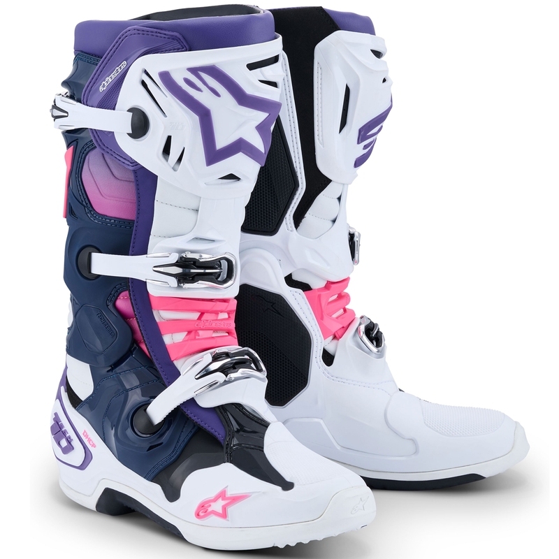 Alpinestars Tech 10 motoros csizma fehér-lila-kék-fluo rózsaszín