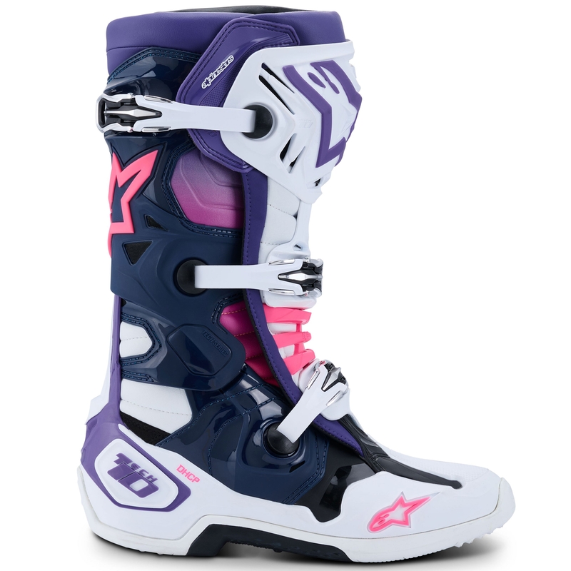 Alpinestars Tech 10 motoros csizma fehér-lila-kék-fluo rózsaszín