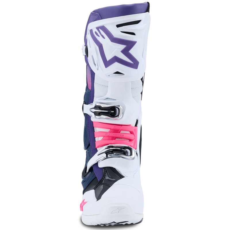 Alpinestars Tech 10 motoros csizma fehér-lila-kék-fluo rózsaszín