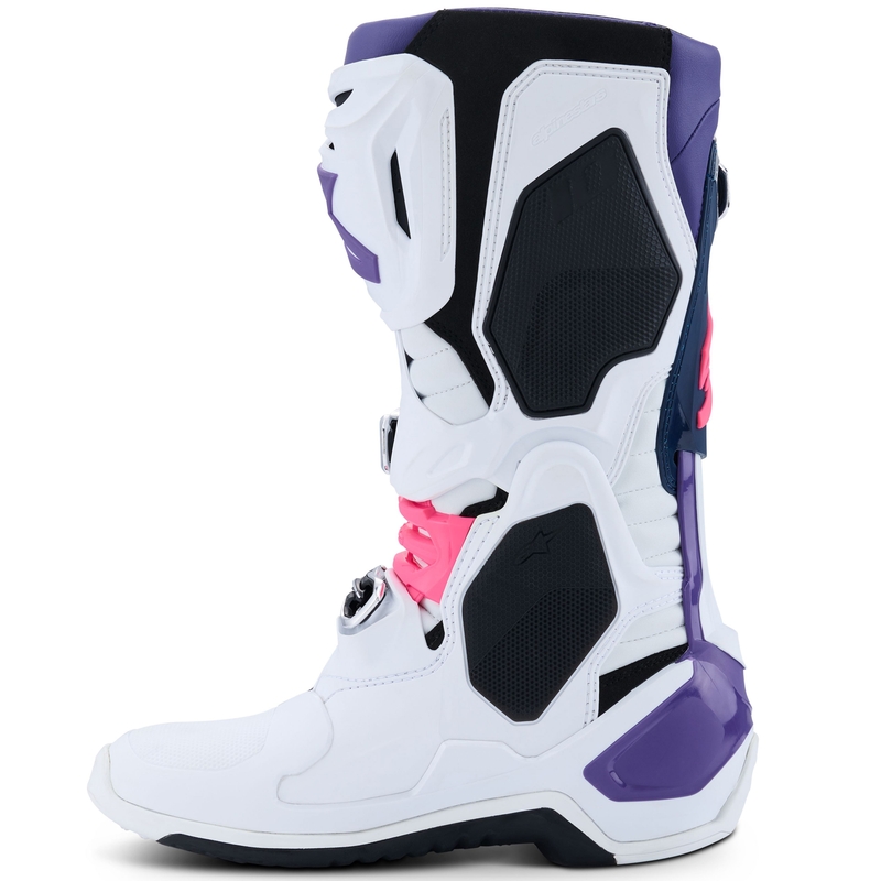 Alpinestars Tech 10 motoros csizma fehér-lila-kék-fluo rózsaszín