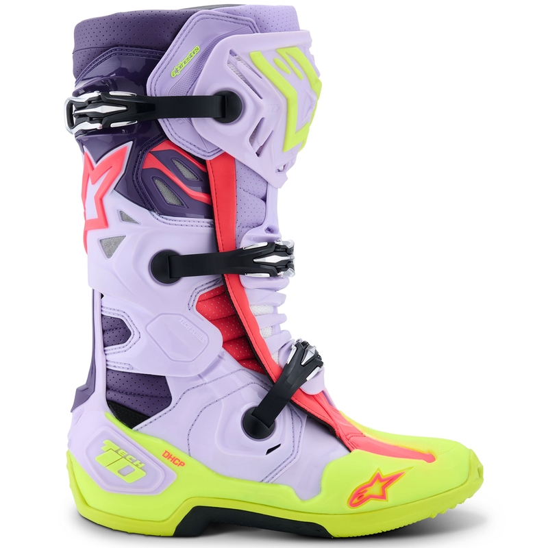 Alpinestars Tech 10 Supervented motoros csizma lila-fluo sárga-rózsaszín