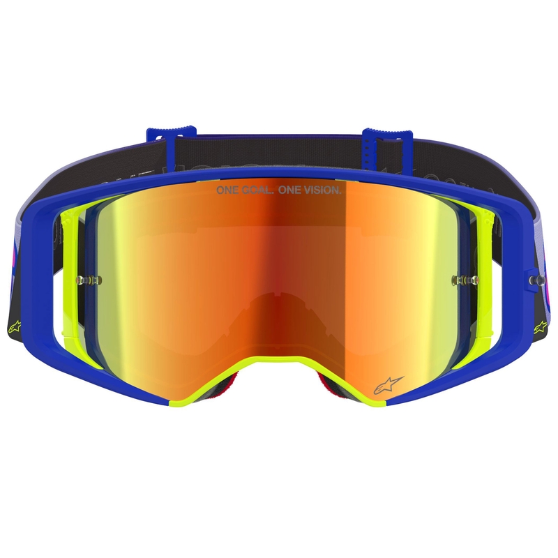 Alpinestars Supertech Vision Vista motokrossz szemüveg kék-sárga-lila tükrös piros plexivel