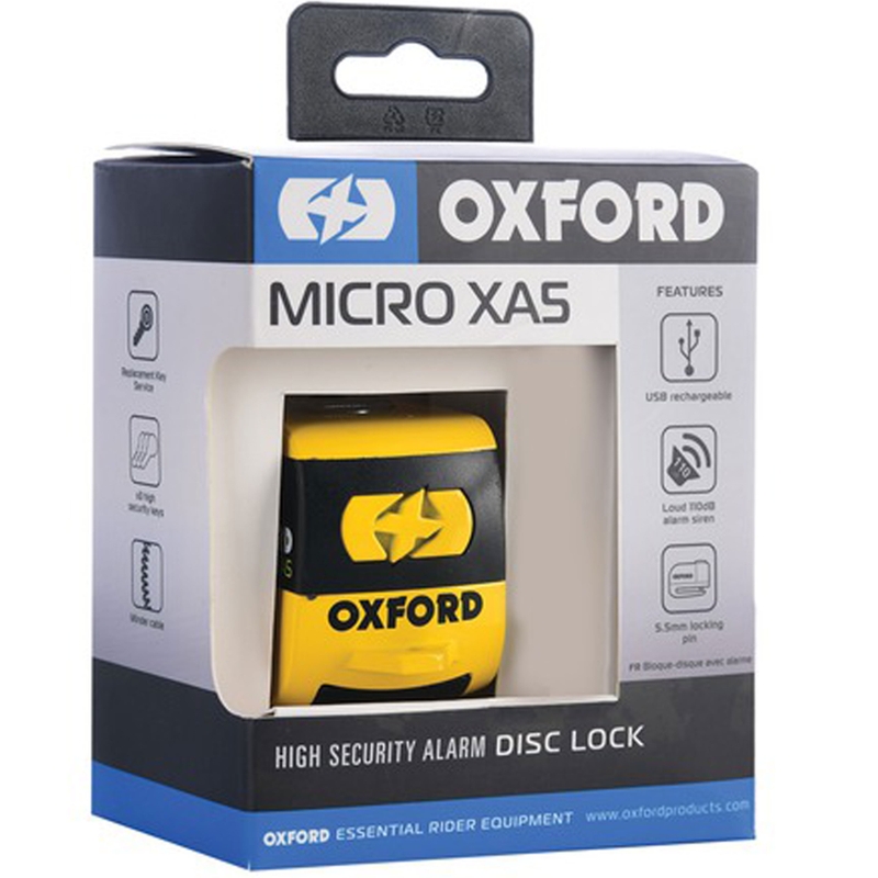 Oxford Micro XA5 tárcsafékzár beépített riasztóval sárga-fekete