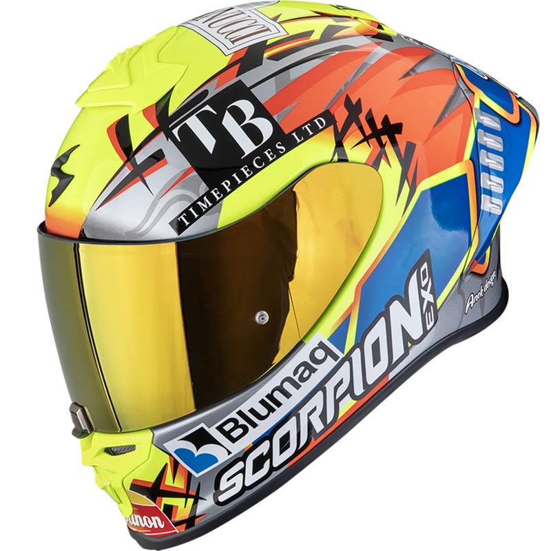 Scorpion EXO-R1 EVO II Air Aron Misano zárt motoros bukósisak ezüst-fluo sárga-kék