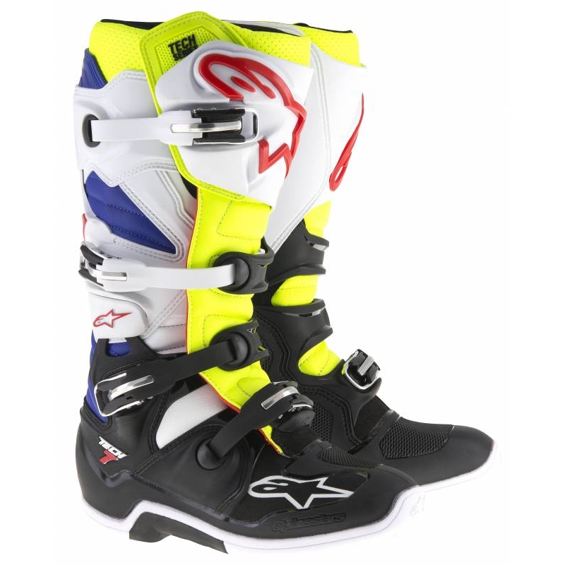 Alpinestars Tech 7 kerékpáros csizma fehér-fekete-kék-piros-fluo sárga