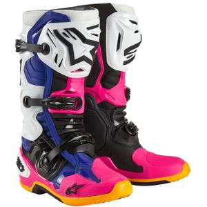 Alpinestars Tech 10 limitált kiadás Coast motoros csizma fehér-sötétkék-rózsaszín-fluo sárga-narancssárga-fekete