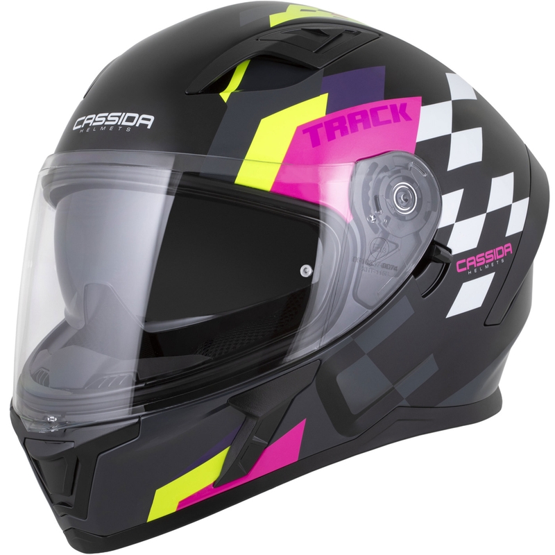 Cassida Orbit Track zárt motoros bukósisak fekete-rózsaszín-lila-fluo sárga-fehér