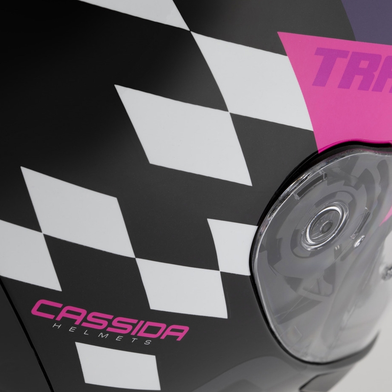 Cassida Orbit Track zárt motoros bukósisak fekete-rózsaszín-lila-fluo sárga-fehér