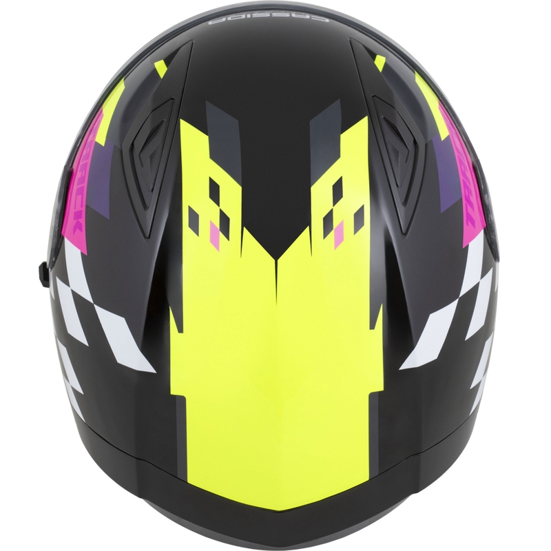 Cassida Orbit Track zárt motoros bukósisak fekete-rózsaszín-lila-fluo sárga-fehér
