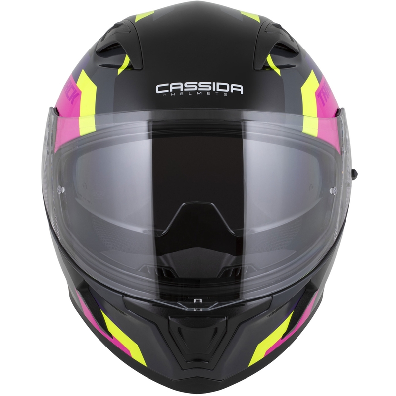 Cassida Orbit Track zárt motoros bukósisak fekete-rózsaszín-lila-fluo sárga-fehér