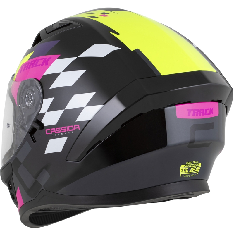 Cassida Orbit Track zárt motoros bukósisak fekete-rózsaszín-lila-fluo sárga-fehér