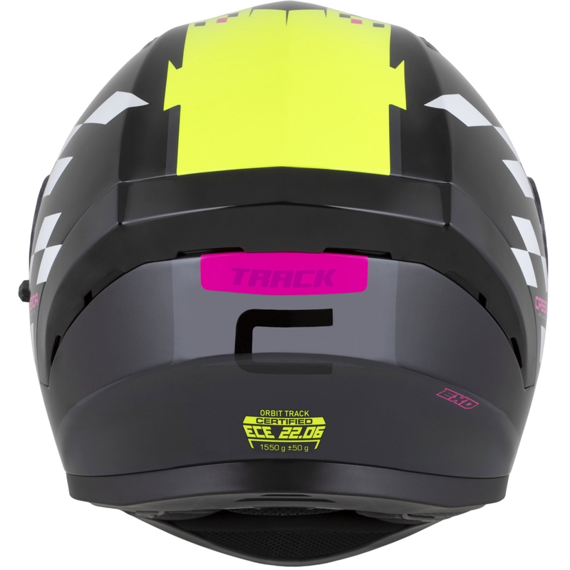 Cassida Orbit Track zárt motoros bukósisak fekete-rózsaszín-lila-fluo sárga-fehér