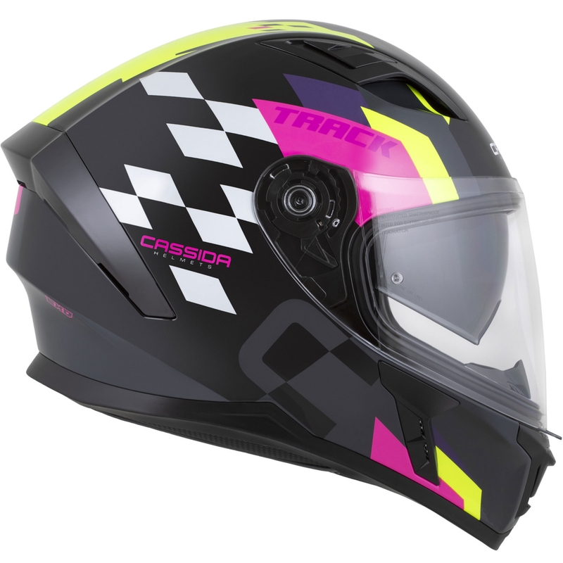 Cassida Orbit Track zárt motoros bukósisak fekete-rózsaszín-lila-fluo sárga-fehér