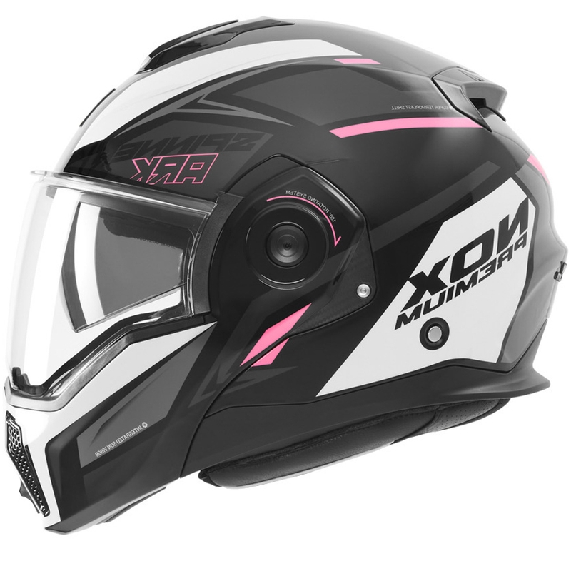 NOX PREMIUM Spinner felnyitható motoros bukósisak fekete–fehér–rózsaszín