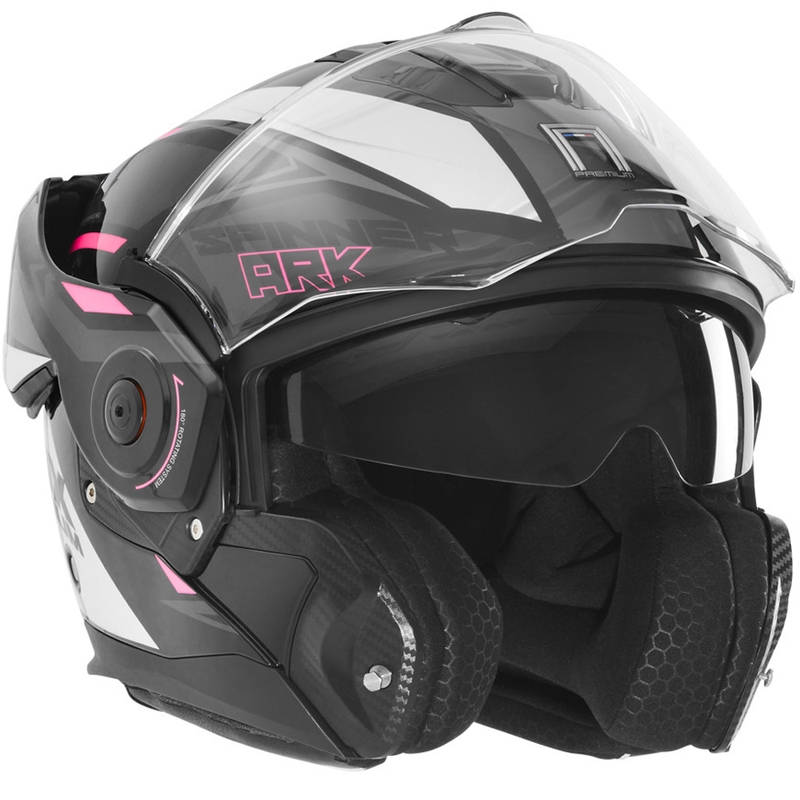 NOX PREMIUM Spinner felnyitható motoros bukósisak fekete–fehér–rózsaszín