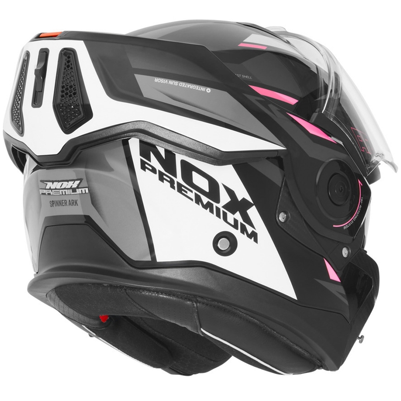 NOX PREMIUM Spinner felnyitható motoros bukósisak fekete–fehér–rózsaszín