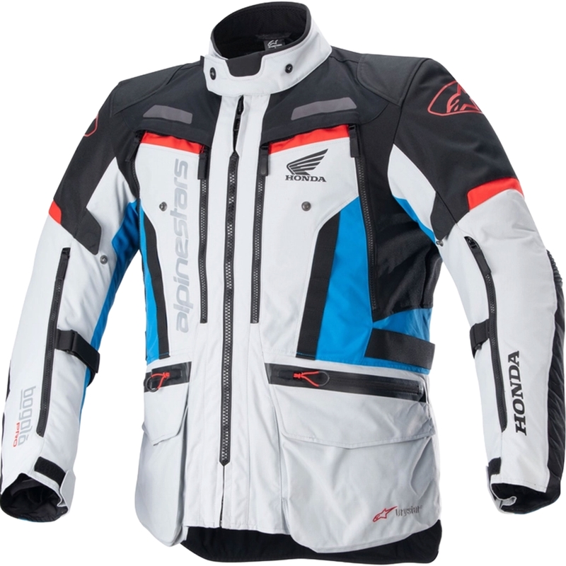 Alpinestars Bogota PRO Drystar Honda motoros kabát világos szürke-fluo piros-kék-fekete