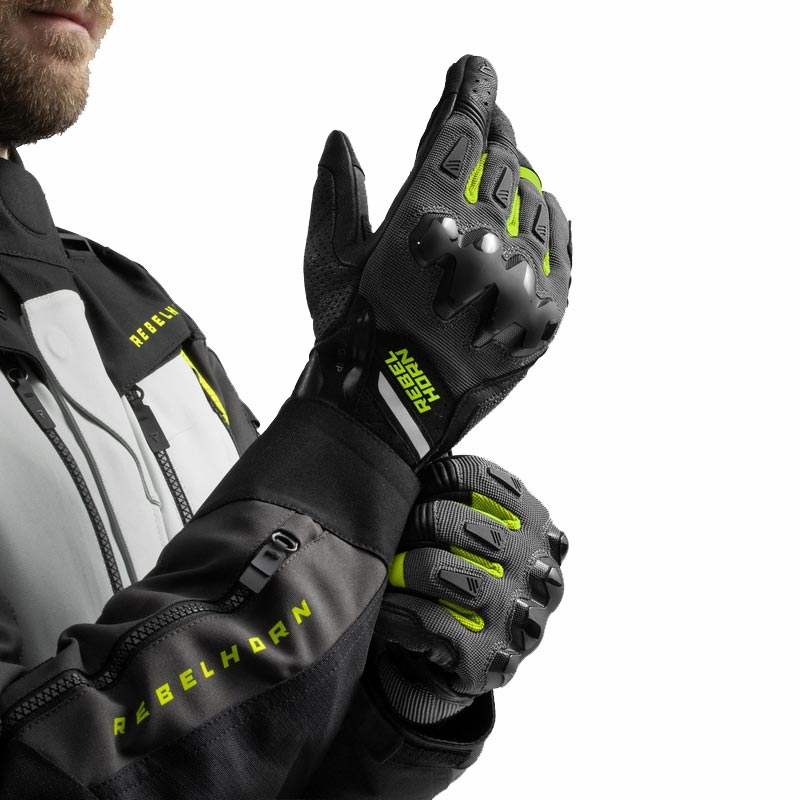 Rebelhorn Defender motoros kesztyű fekete-szürke-fluo sárga