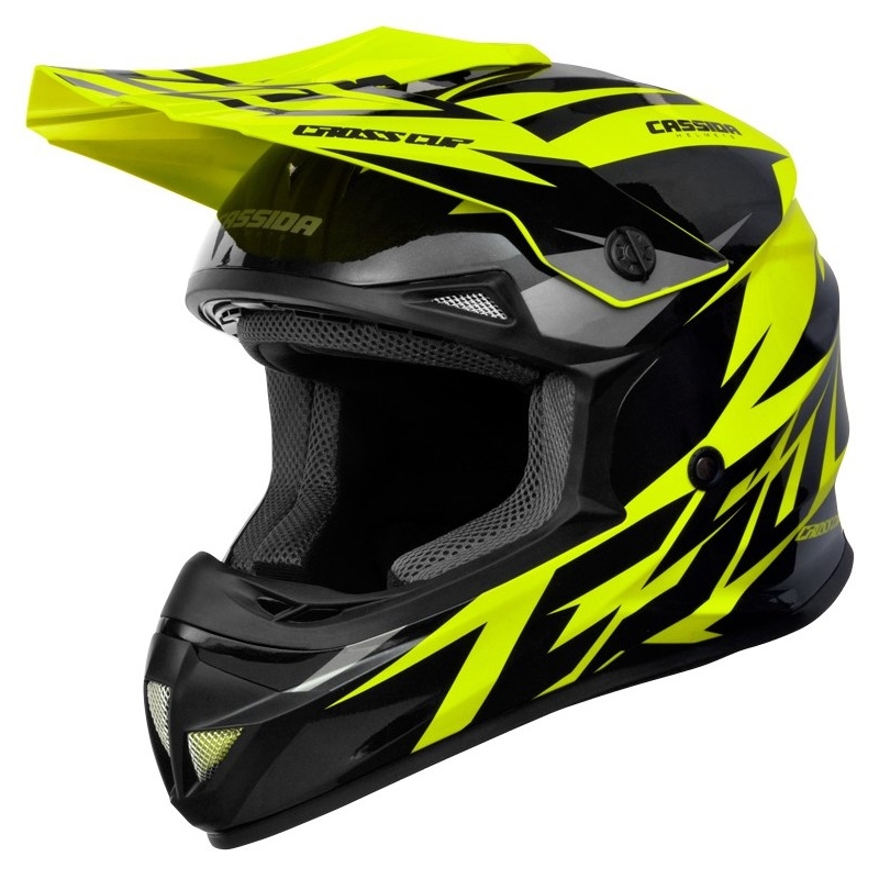 Motocross sisak Cassida Cross Cup Két fekete-szürke-fluo sárga