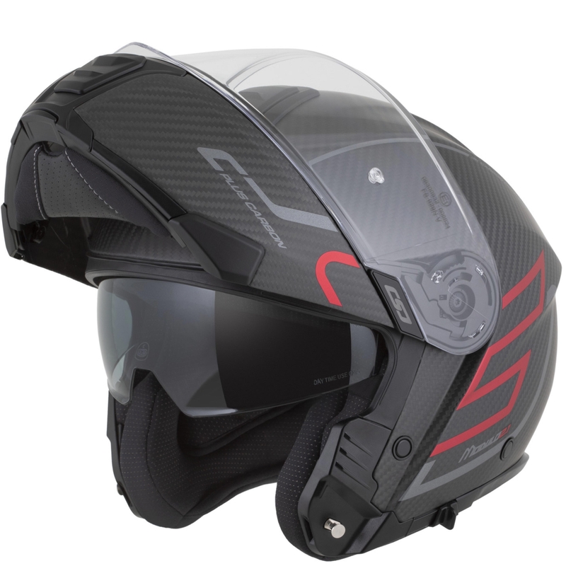 Cassida Modulo 2.1 Plus Carbon BlackOut felnyitható motoros bukósisak matt fekete-metál piros-fényvisszaverő ezüst-fekete