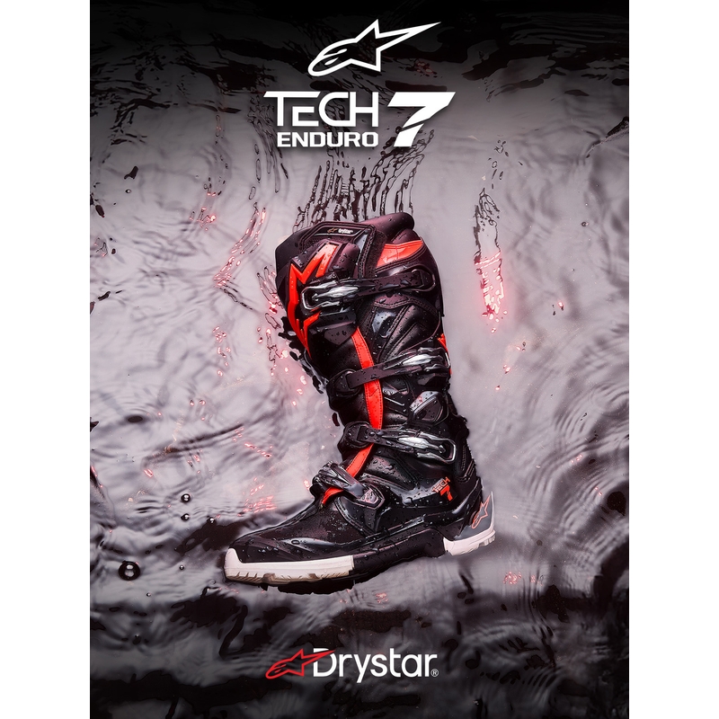 Alpinestars Tech 7 Enduro Drystar motoros csizma fekete-fluo piros-fehér
