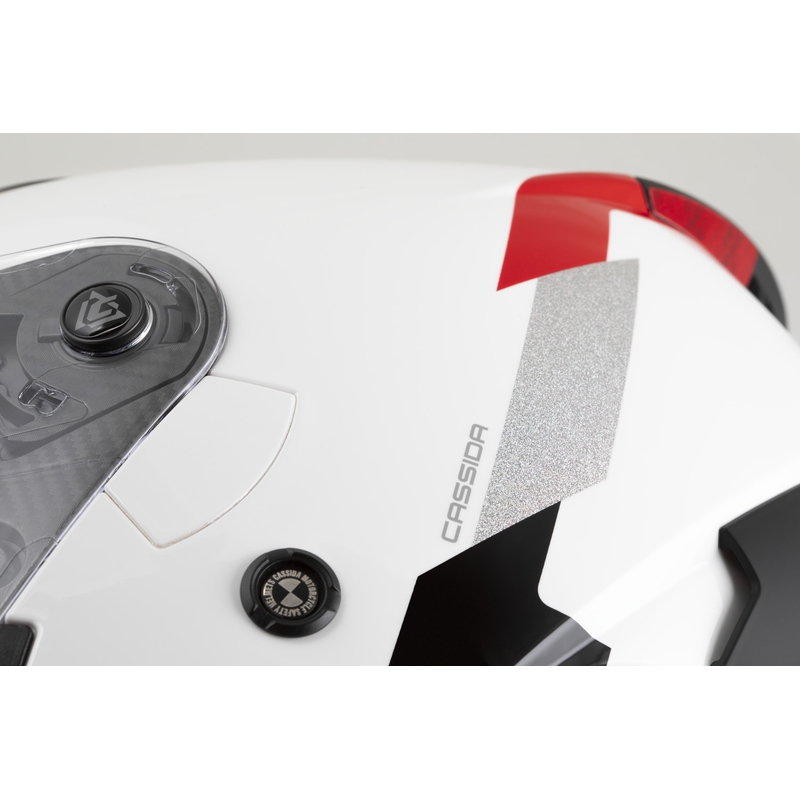 Cassida Reflex 2.0 Safety nyitott motoros bukósisak fehér-piros-szürke-fényvisszaverő ezüst