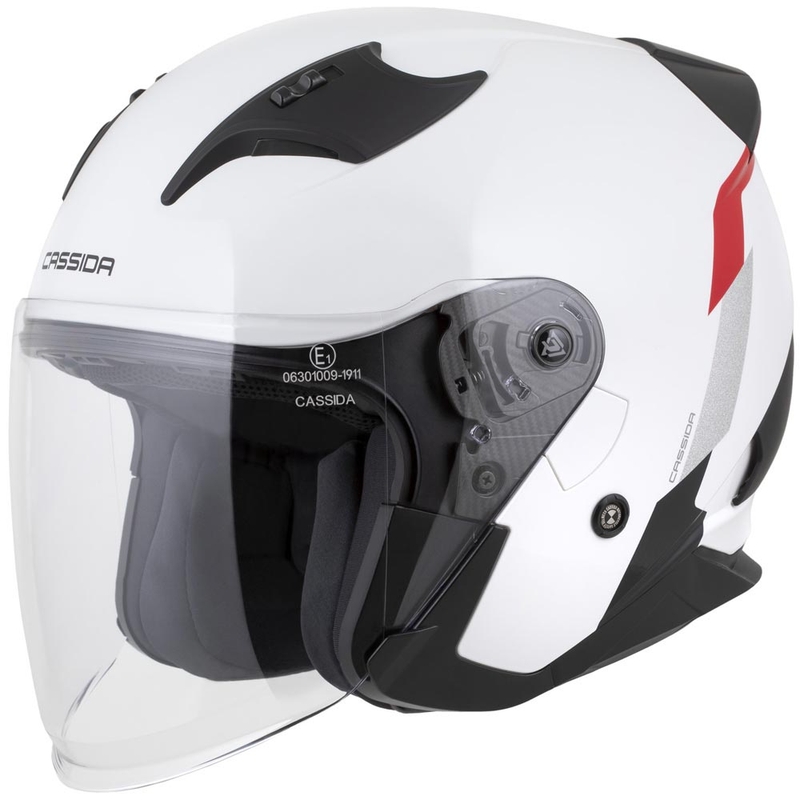 Cassida Reflex 2.0 Safety nyitott motoros bukósisak fehér-piros-szürke-fényvisszaverő ezüst