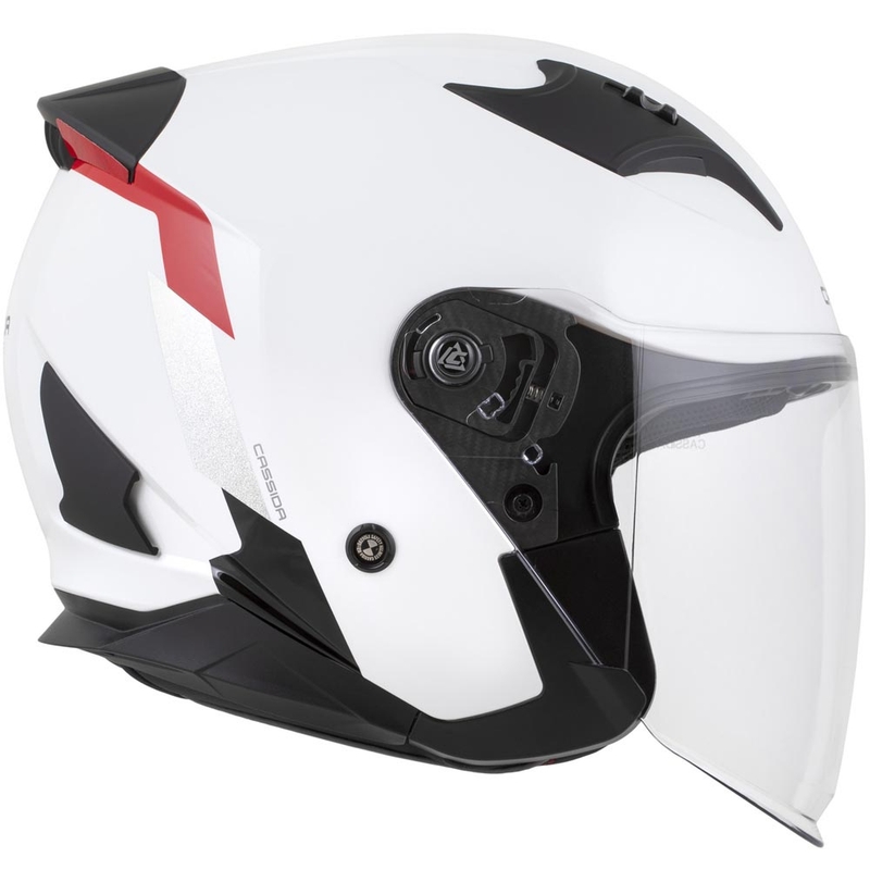 Cassida Reflex 2.0 Safety nyitott motoros bukósisak fehér-piros-szürke-fényvisszaverő ezüst