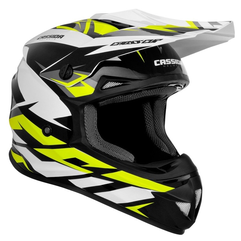 Motocross sisak Cassida Cross Cup Két fekete-fehér-szürke-fluo sárga