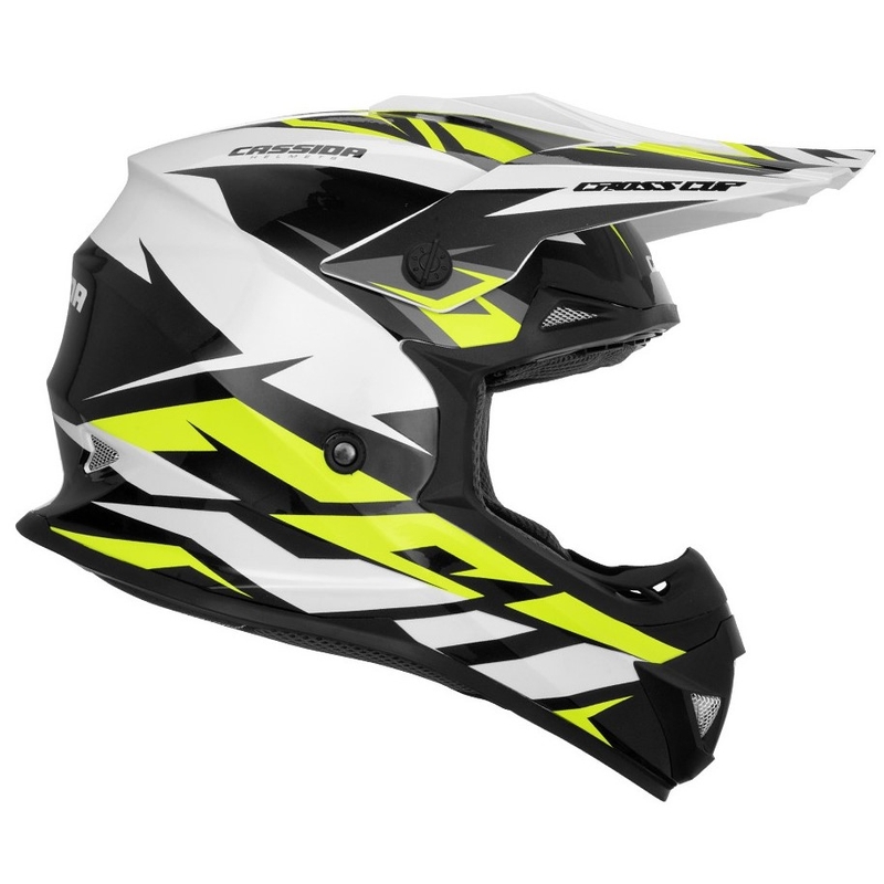 Motocross sisak Cassida Cross Cup Két fekete-fehér-szürke-fluo sárga