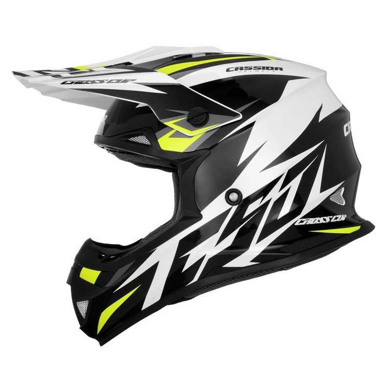 Motocross sisak Cassida Cross Cup Két fekete-fehér-szürke-fluo sárga